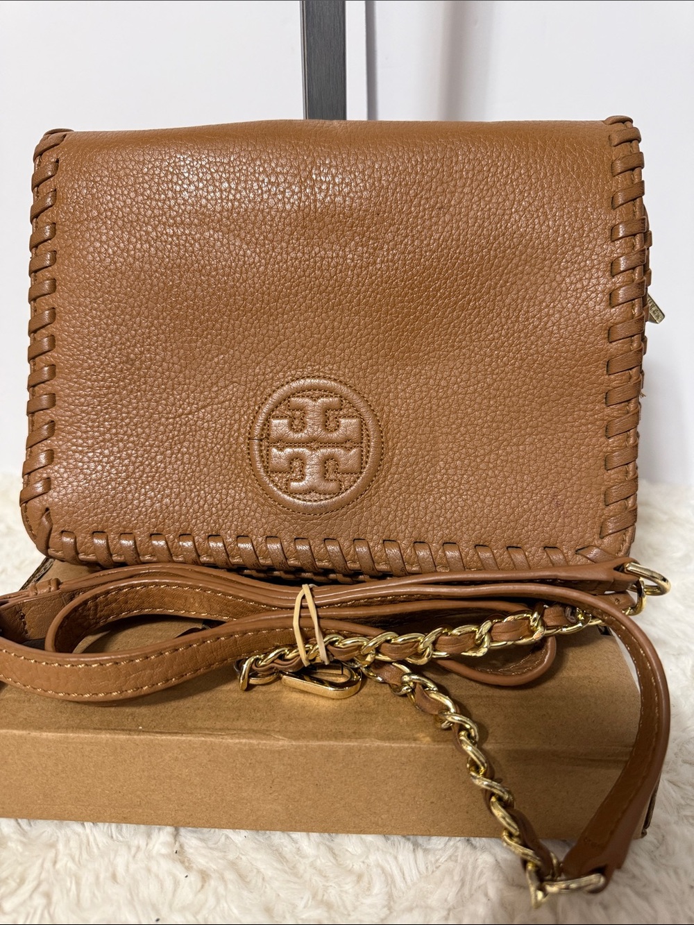 Tory Burch Caramel Whipstitch Leather Crossbody with Gold Chain